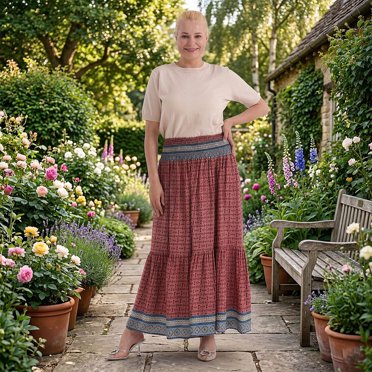 La Marey Abstract Print Summer Maxi Skirt (One Size) - Red 8417131 2