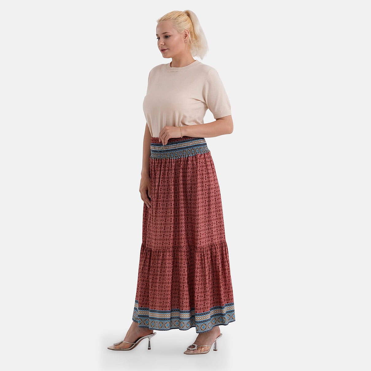 La Marey Abstract Print Summer Maxi Skirt (One Size) - Red 8417131 4