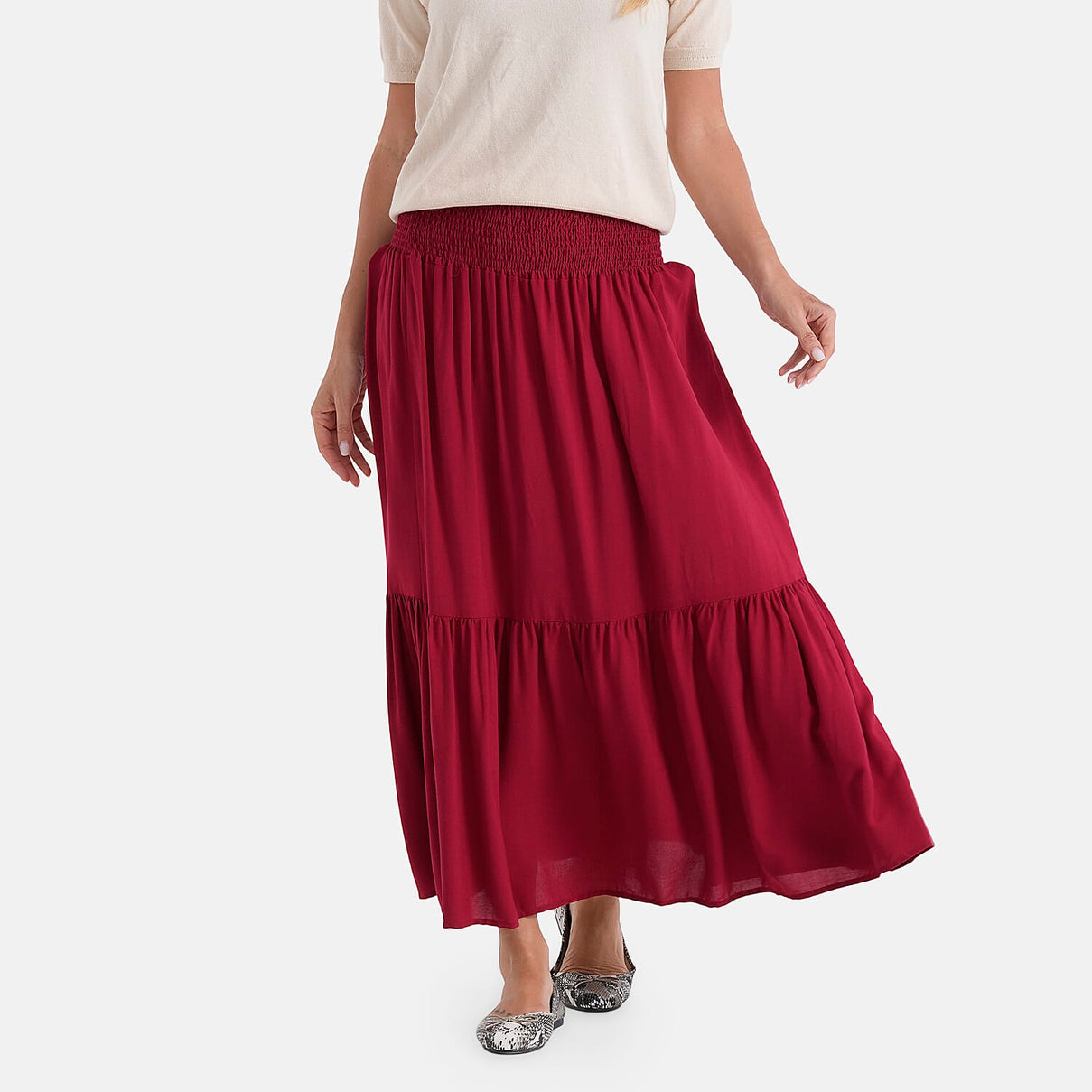 La Marey Smocked Waist Tiered Maxi Skirt (One Size, 10-22) - Red V32520932 0