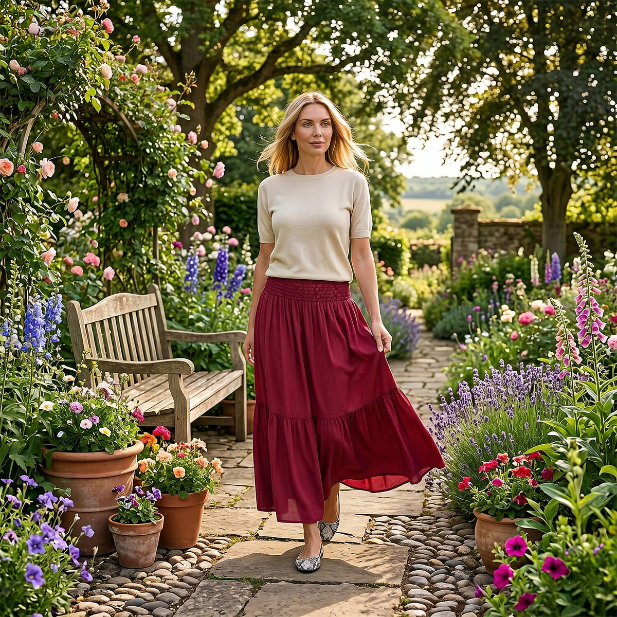 La Marey Smocked Waist Tiered Maxi Skirt (One Size, 10-22) - Red V32520932 2