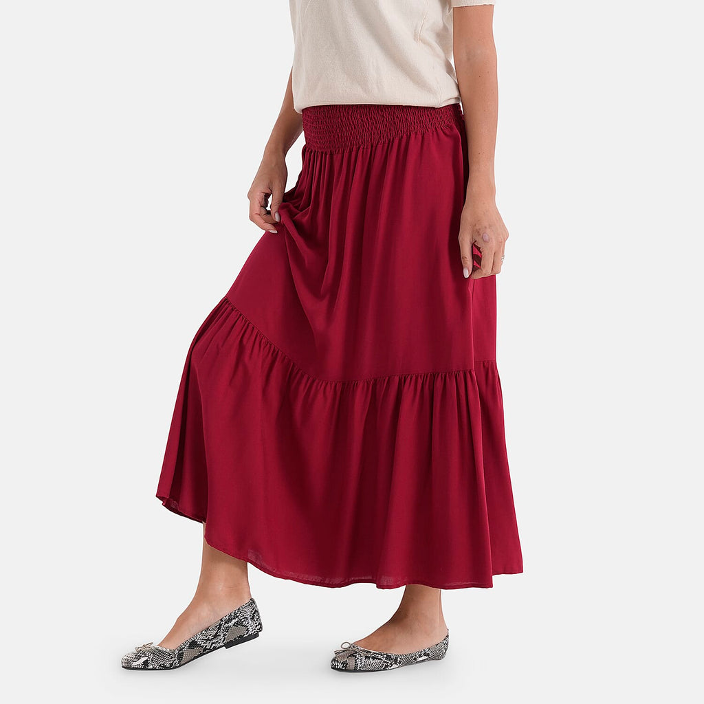 La Marey Smocked Waist Tiered Maxi Skirt (One Size, 10-22) - Red