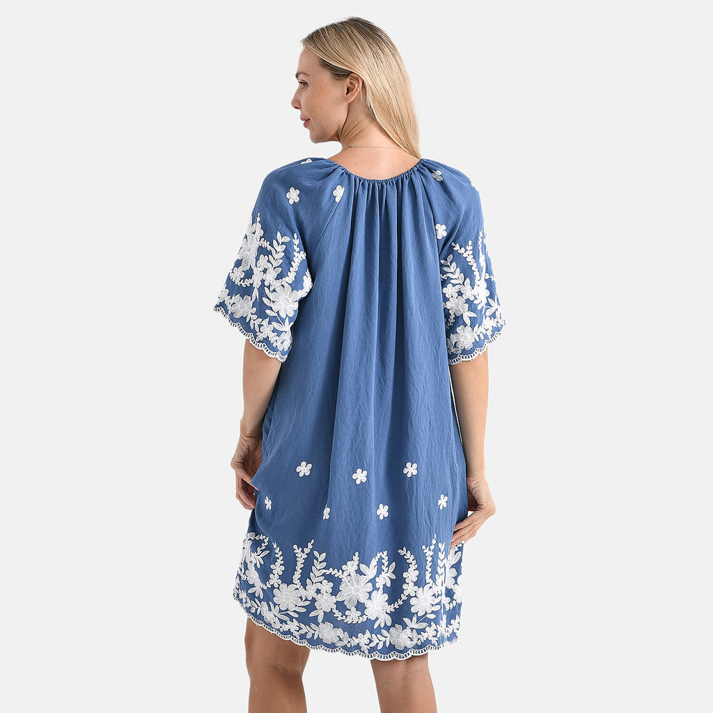 LA MAREY Cotton Blend Embroidered Dress (Size L-XL, 16 to 20) - Blue