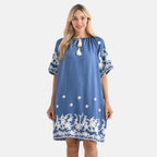 LA MAREY Cotton Blend Embroidered Dress (Size L-XL, 16 to 20) - Blue
