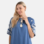 LA MAREY Cotton Blend Embroidered Dress (Size L-XL, 16 to 20) - Blue