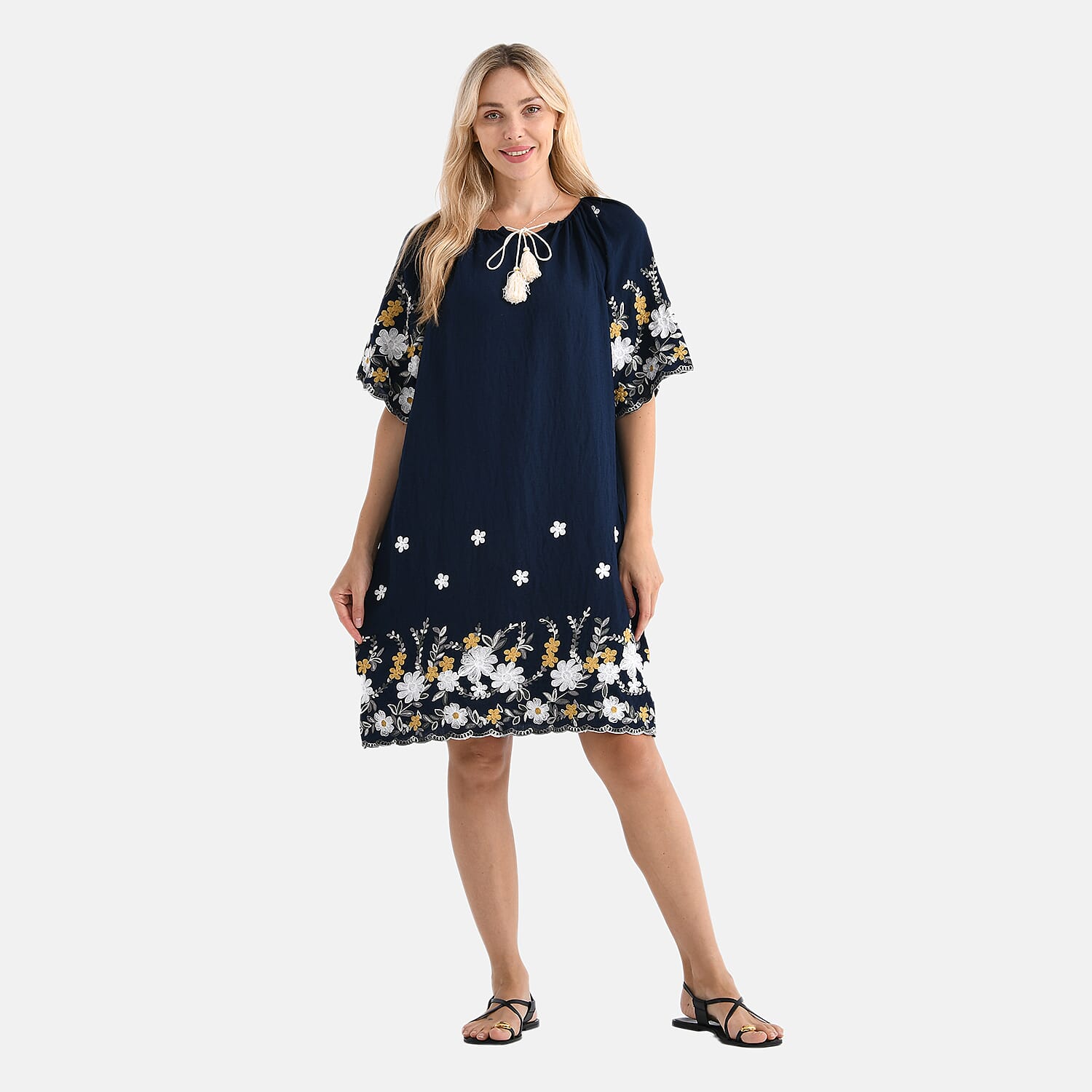 LA MAREY Cotton Blend Embroidered Dress (Size S/M, 8 to 14) - Navy V32490787 0