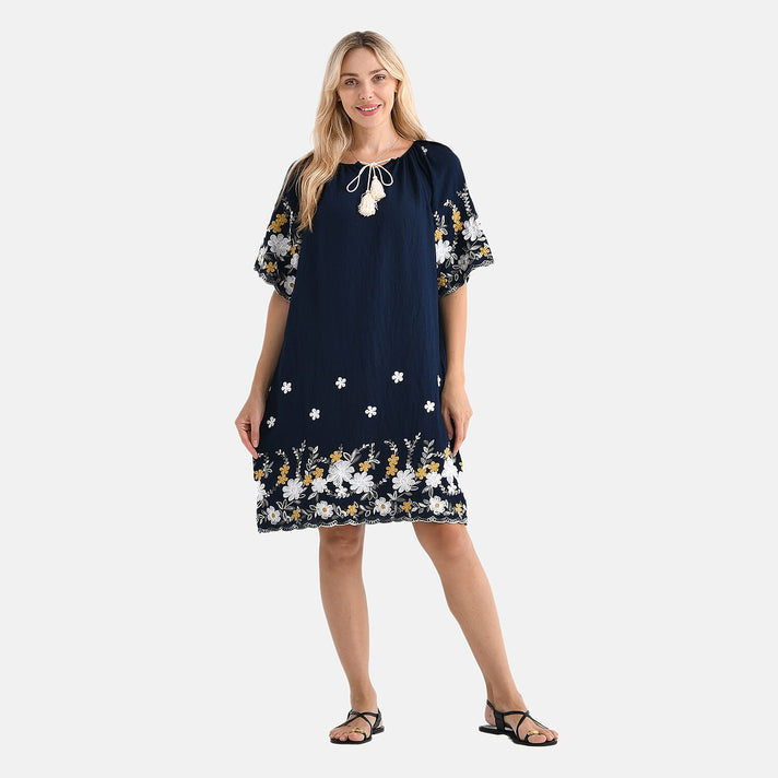 LA MAREY Cotton Blend Embroidered Dress (Size S-M, 8 to 14) - Navy 8110329 1