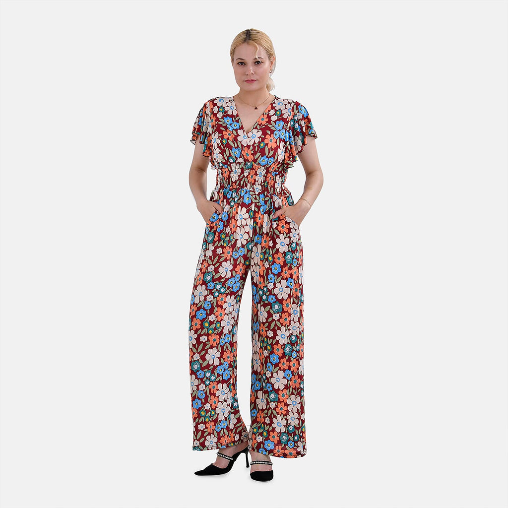 La Marey Floral Pattern Smocked Waist Stretch Jersey Jumpsuit (Size L) - Multi