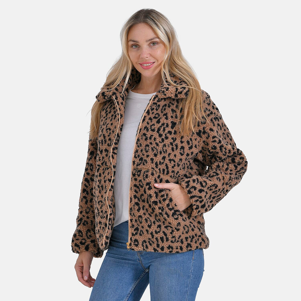 La Marey Leopard Print Plush Jacket with 2 Side Pockets - Mufasa (Size 16 - 18)