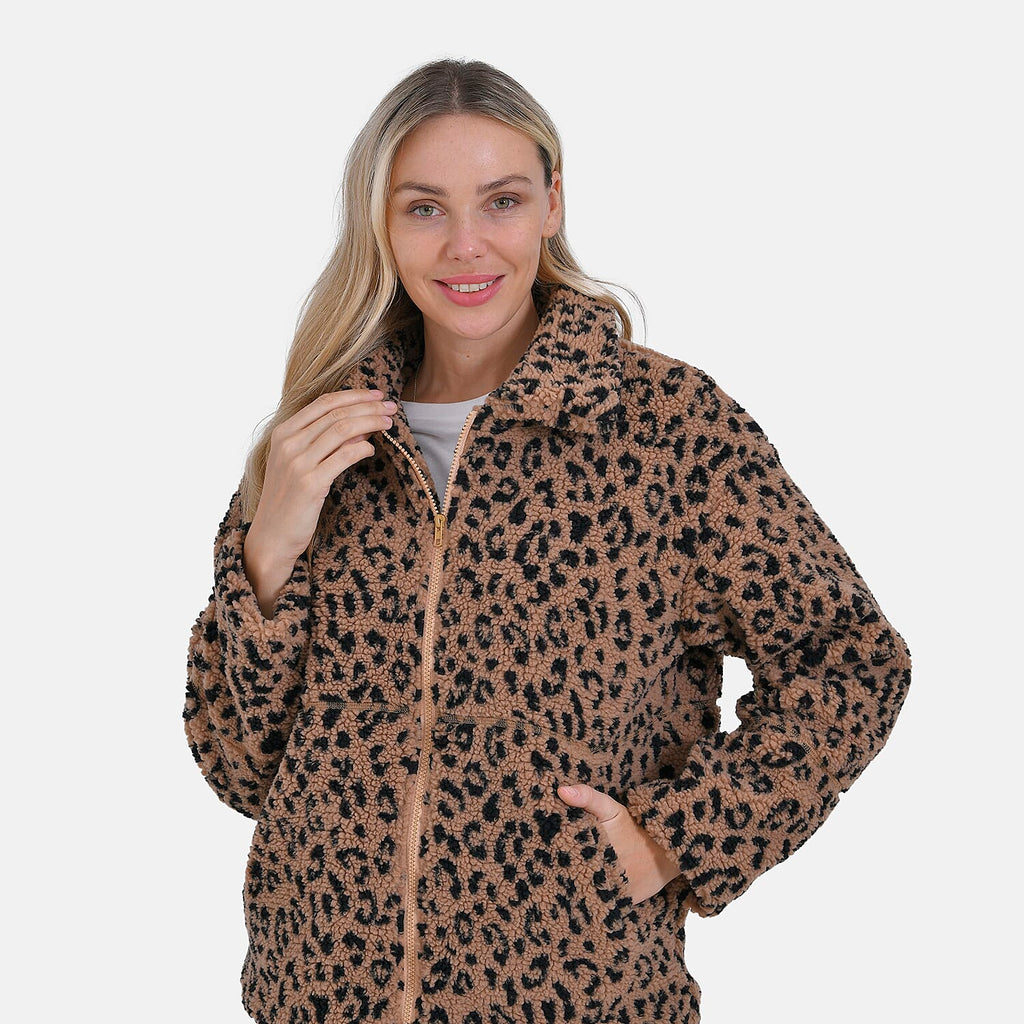 La Marey Leopard Print Plush Jacket with 2 Side Pockets - Mufasa (Size 16 - 18)