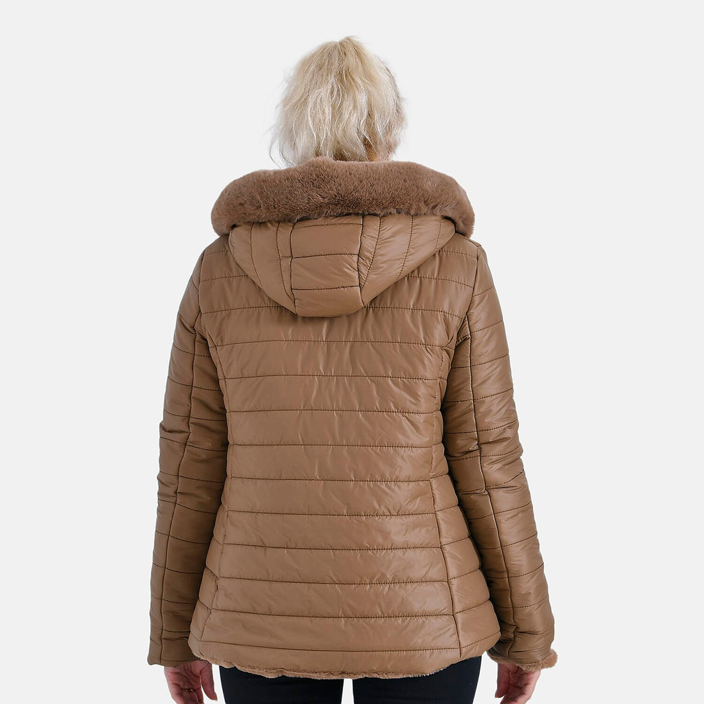 La Marey Padded Coat with Faux Fur Hoodie - Brown