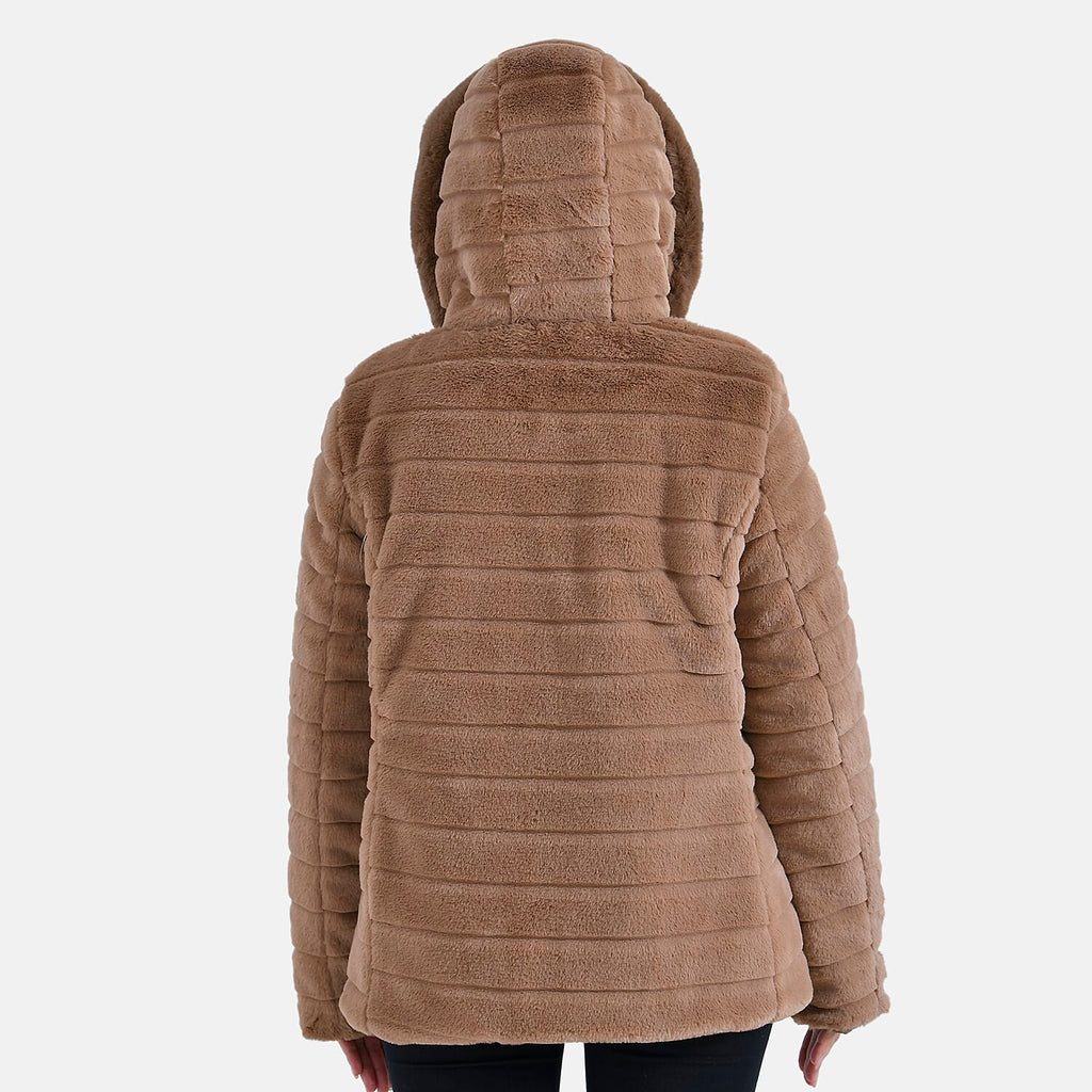 La Marey Padded Coat with Faux Fur Hoodie - Brown