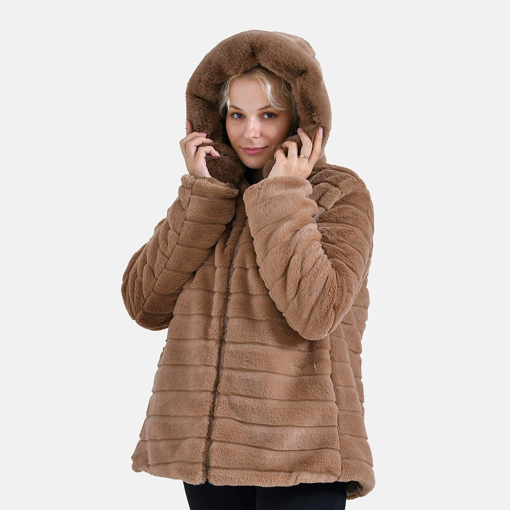 La Marey Padded Coat with Faux Fur Hoodie - Brown