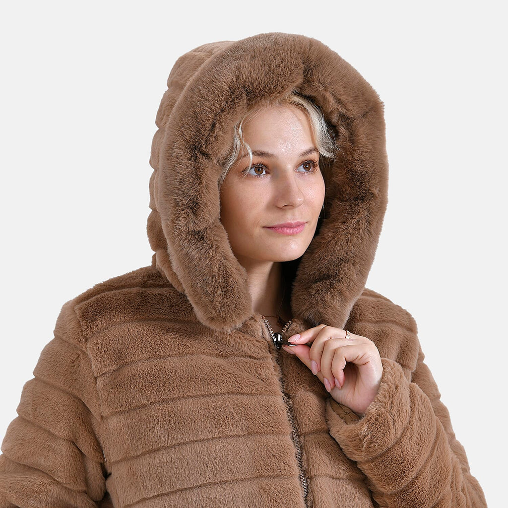 La Marey Padded Coat with Faux Fur Hoodie - Brown