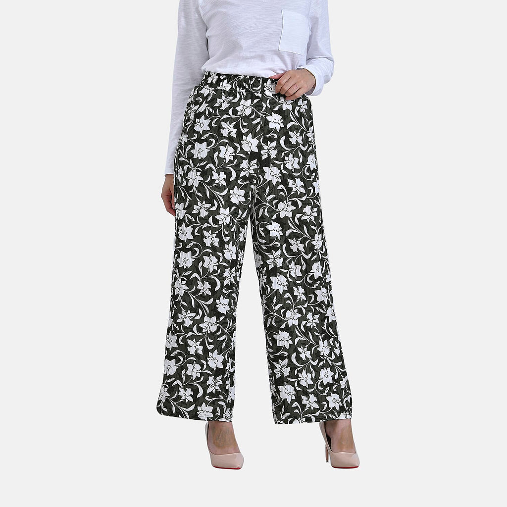 La Marey Casual Black Wide-Leg Pants with White Floral Print & Elastic Waist (Size 12 to 14)