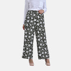 La Marey Casual Black Wide-Leg Pants with White Floral Print & Elastic Waist (Size 12 to 14)