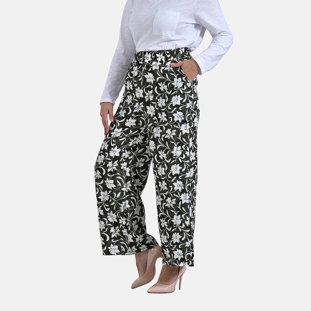 La Marey Casual Black Wide-Leg Pants with White Floral Print & Elastic Waist (Size 12 to 14)