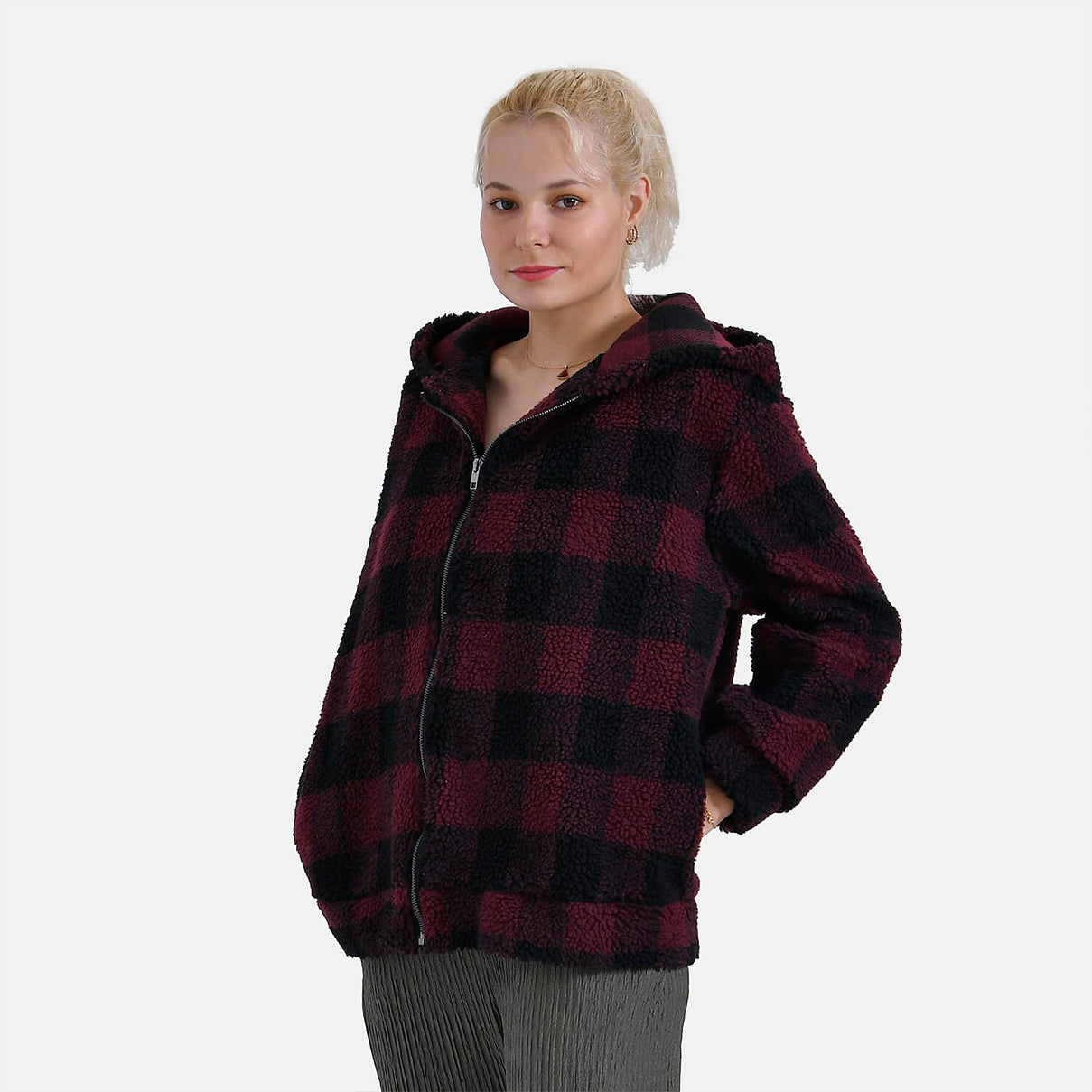 La Marey Plaid Plush Coat With Hood (Size 16 to 18) - Red 7854551 8