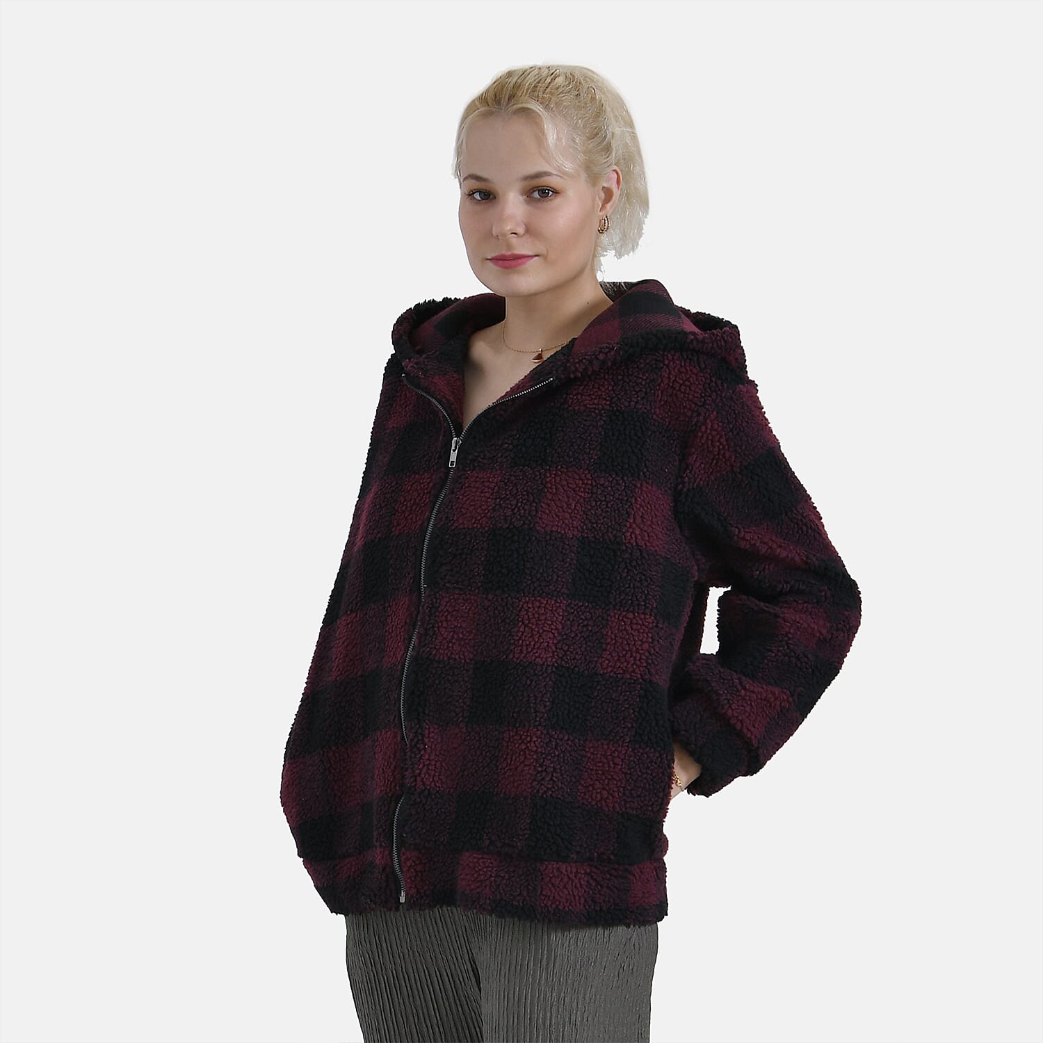 La Marey Plaid Plush Coat With Hood (Size 16 to 18) - Red 7854551 8