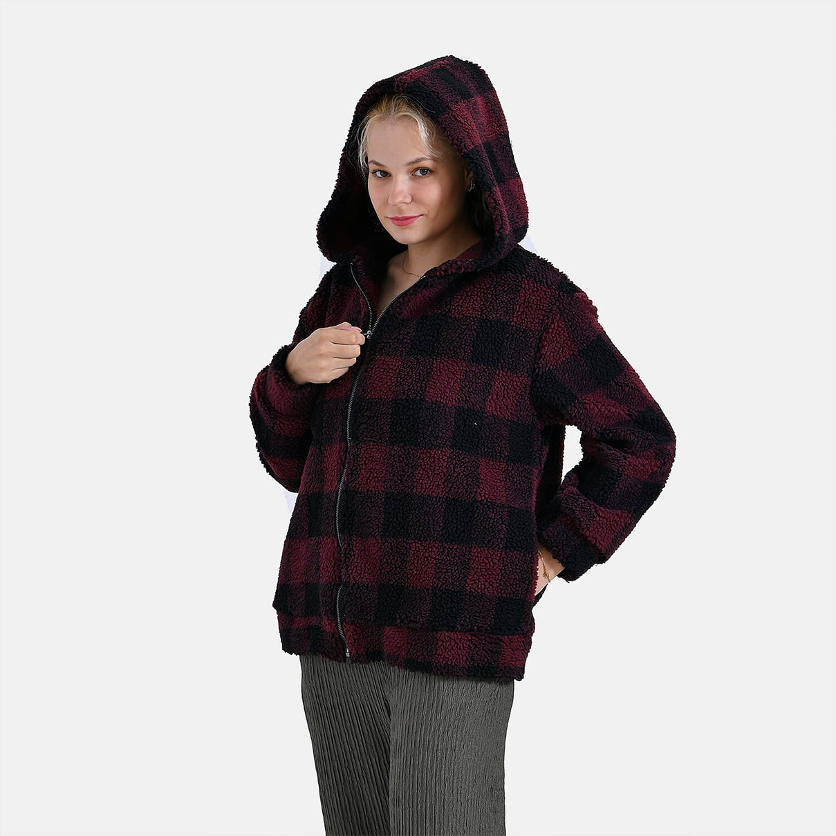 La Marey Plaid Plush Coat With Hood (Size 16 to 18) - Red 7854551 10