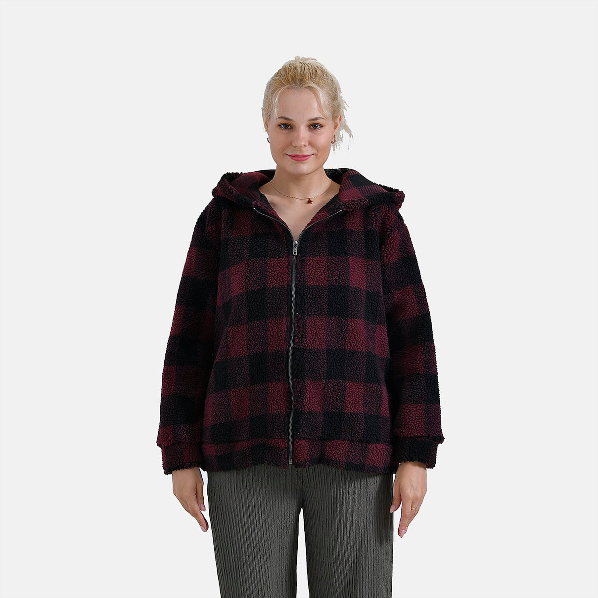 La Marey Plaid Plush Coat With Hood (Size 16 to 18) - Red 7854551 11