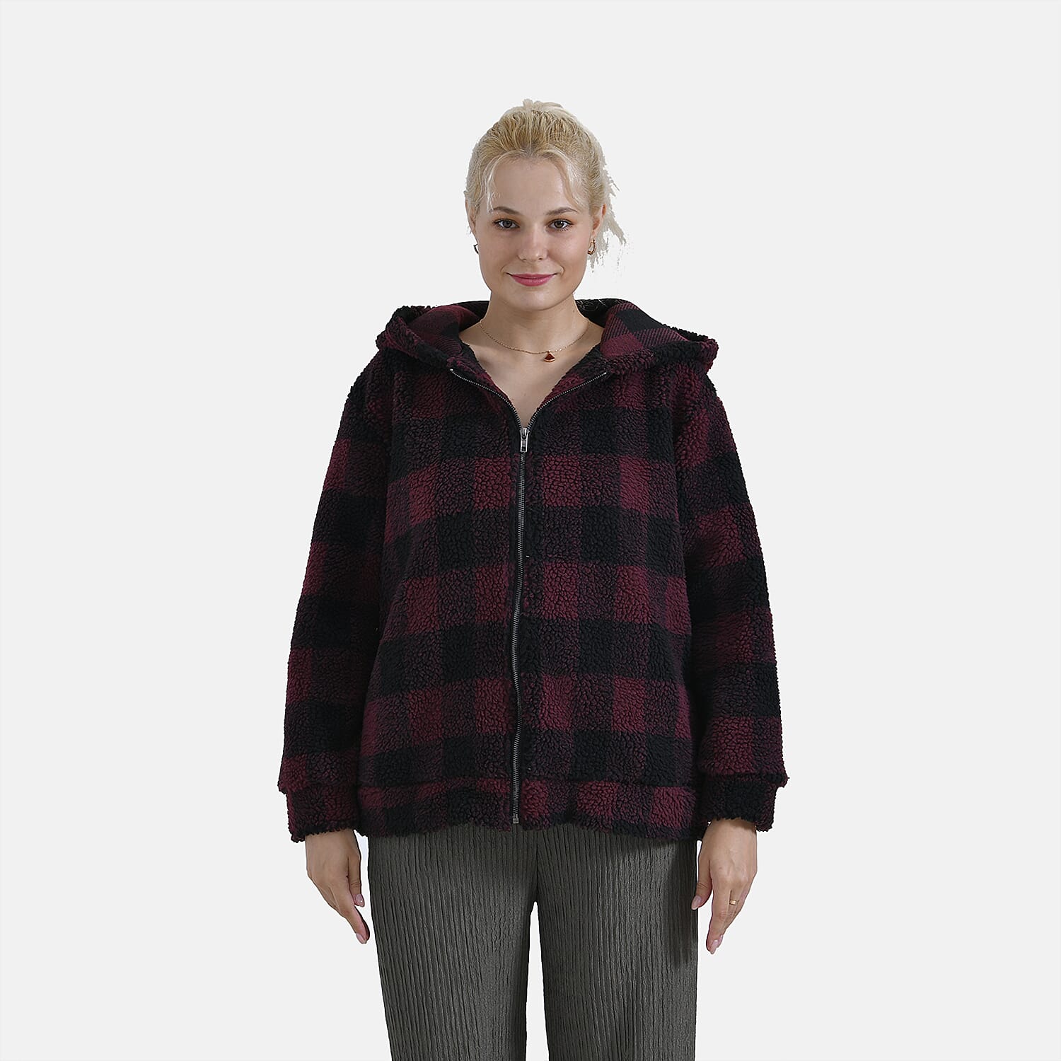 La Marey Plaid Plush Coat With Hood (Size 16 to 18) - Red 7854551 11