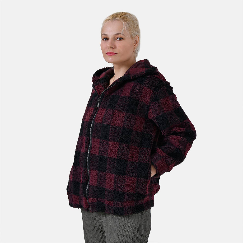 La Marey Plaid Plush Coat With Hood (Size 16 to 18) - Red