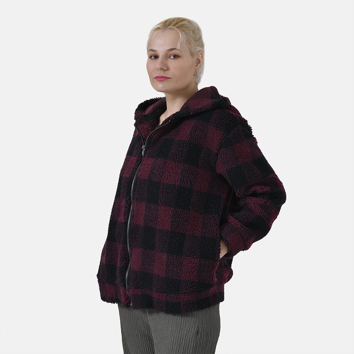La Marey Plaid Plush Coat With Hood (Size 16 to 18) - Red 7854551 12