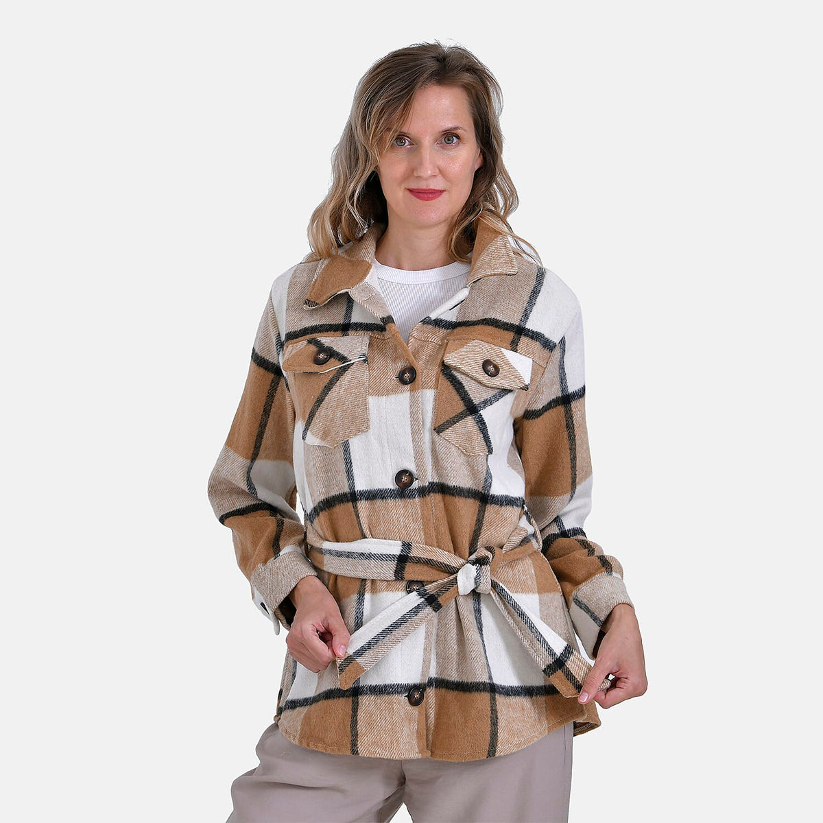 La Marey Checked Belted Winter Shirt (Size 16 to 18) - Brown V32698622 8
