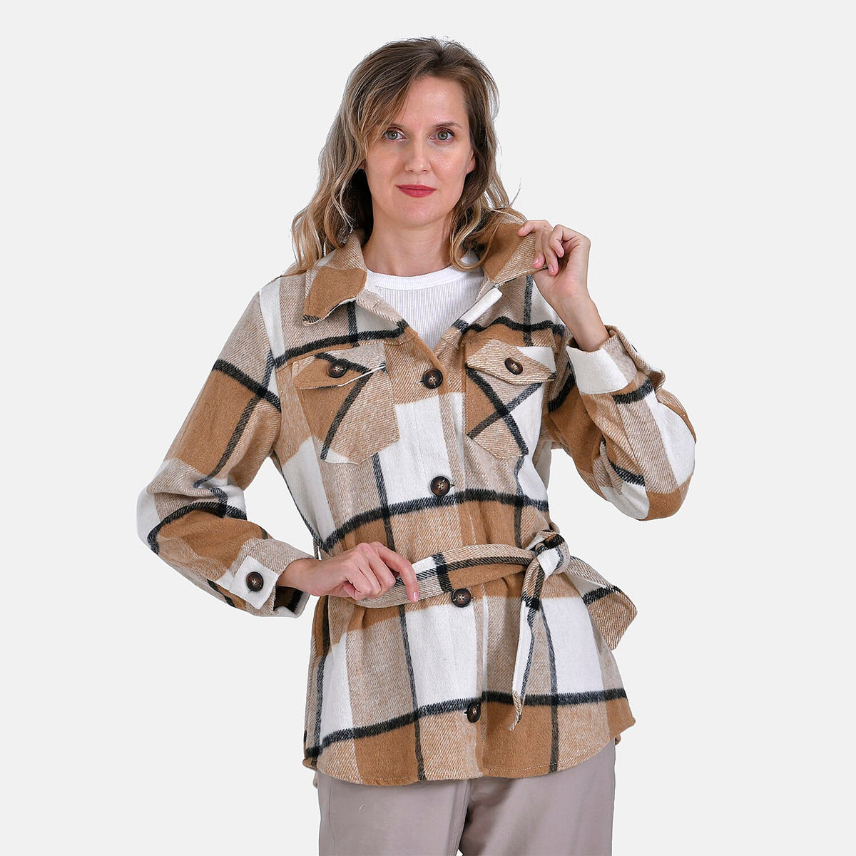 La Marey Checked Belted Winter Shirt (Size 16 to 18) - Brown V32698622 10