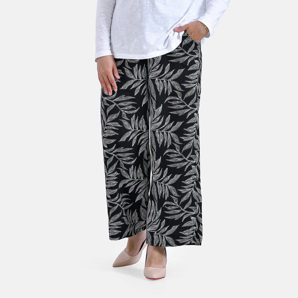La Marey Printed Mid-Rise Elastic Waistband Wide Leg Trouser (Size L) - Black Base with White Pattern