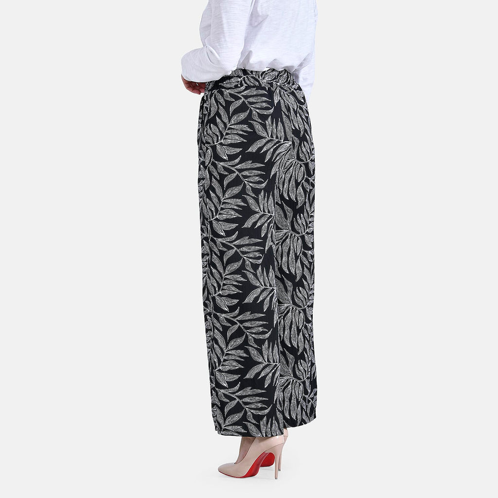 La Marey Printed Mid-Rise Elastic Waistband Wide Leg Trouser (Size L) - Black Base with White Pattern