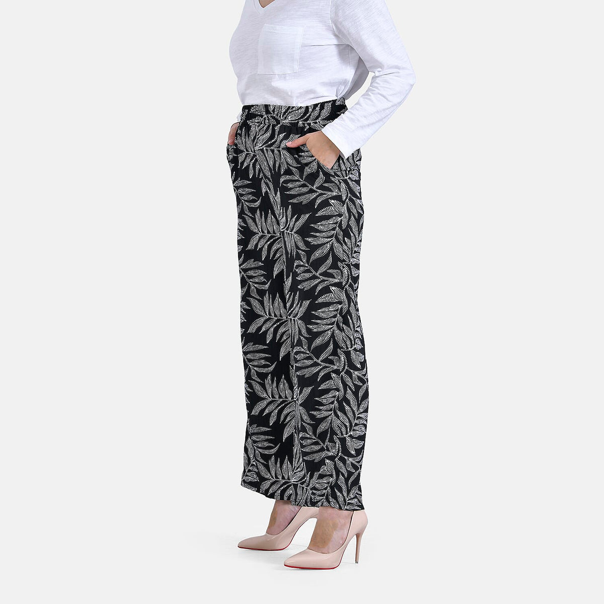 La Marey Printed Mid-Rise Elastic Waistband Wide Leg Trouser (Size L, 16-18) - Black Base with White Pattern V32613929 3