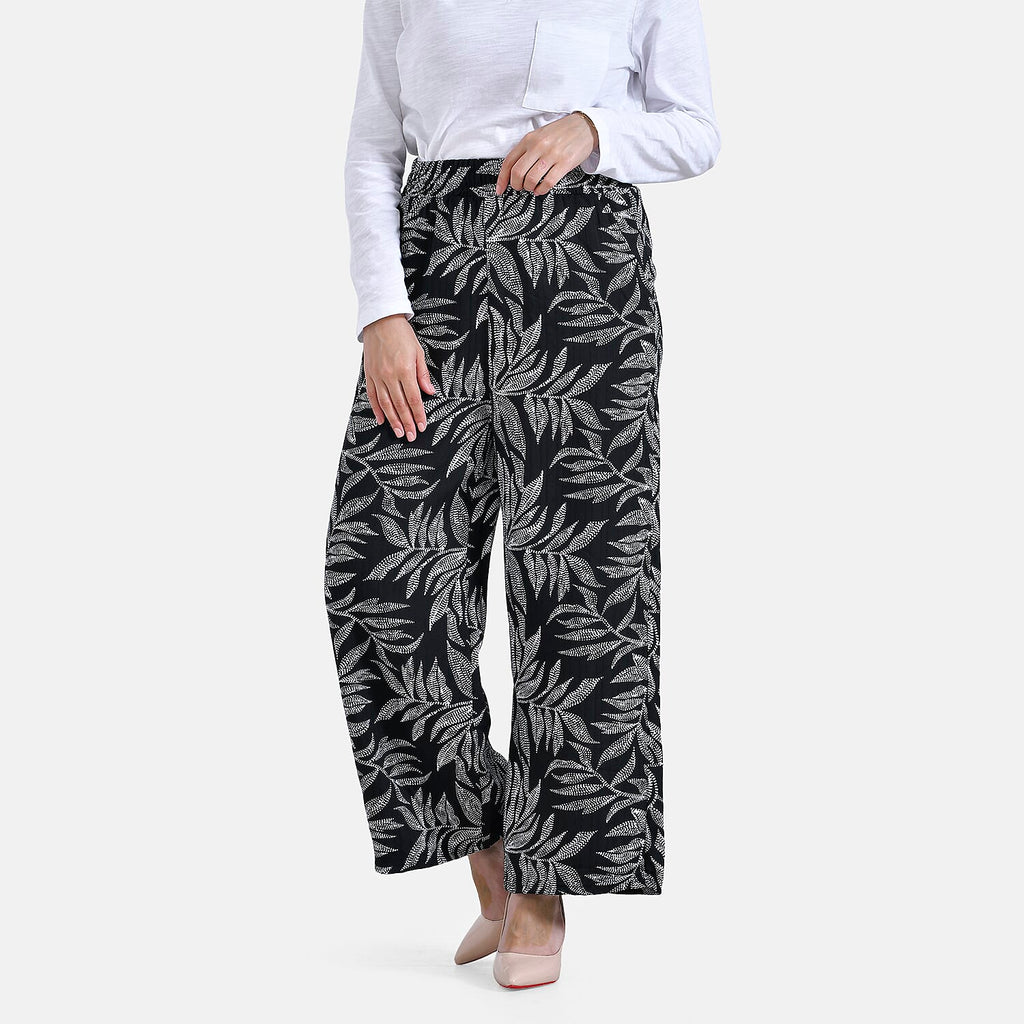 La Marey Printed Mid-Rise Elastic Waistband Wide Leg Trouser (Size L) - Black Base with White Pattern