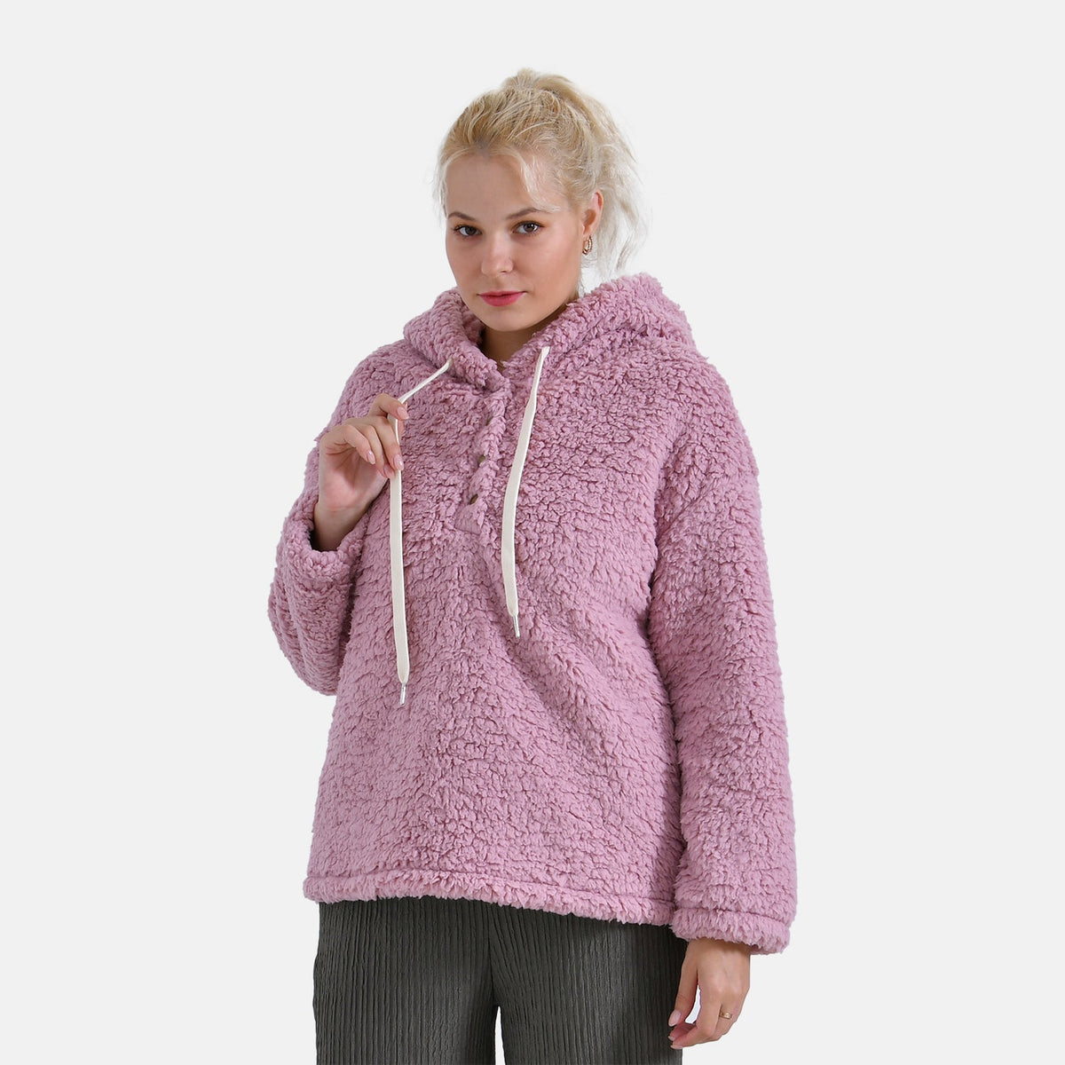 La Marey Plush Hoodie with Buttons (Size L) - Pink 7853805 8