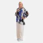 La Marey Silk-Feeling Asymmetrical Hem Printed Top (Size - L-XL, 16 to 22) - Black, Grey & Blue