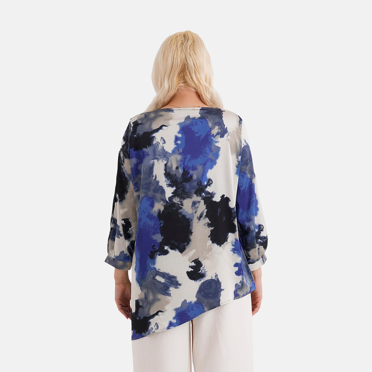 La Marey Silk-Feeling Asymmetrical Hem Printed Top (Size - L/XL, 16 to 22) - Black, Grey &amp; Blue V32565849 3