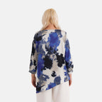 La Marey Silk-Feeling Asymmetrical Hem Printed Top (Size - L-XL, 16 to 22) - Black, Grey & Blue