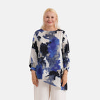 La Marey Silk-Feeling Asymmetrical Hem Printed Top (Size - L-XL, 16 to 22) - Black, Grey & Blue