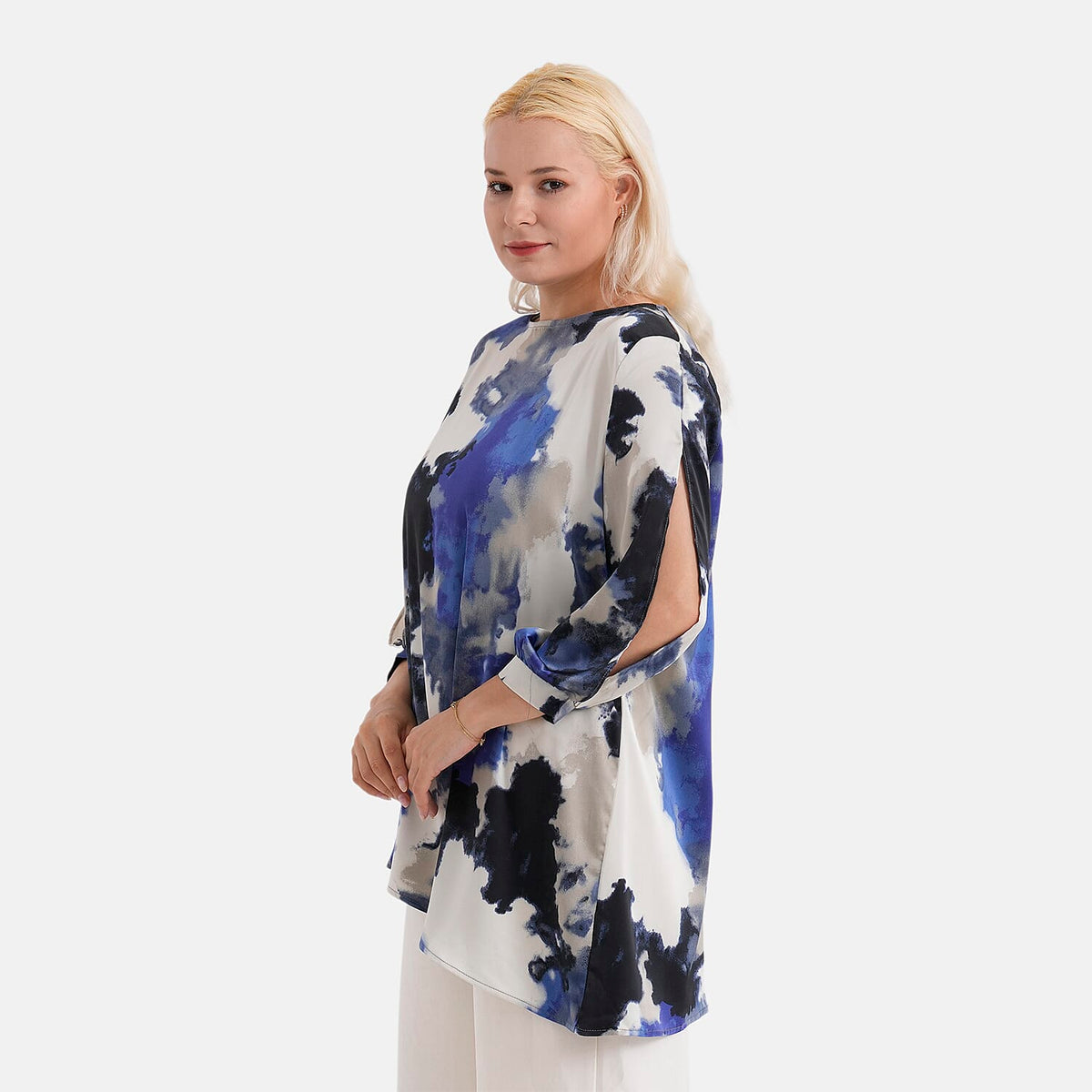 La Marey Silk-Feeling Asymmetrical Hem Printed Top (Size - L/XL, 16 to 22) - Black, Grey &amp; Blue V32565849 5