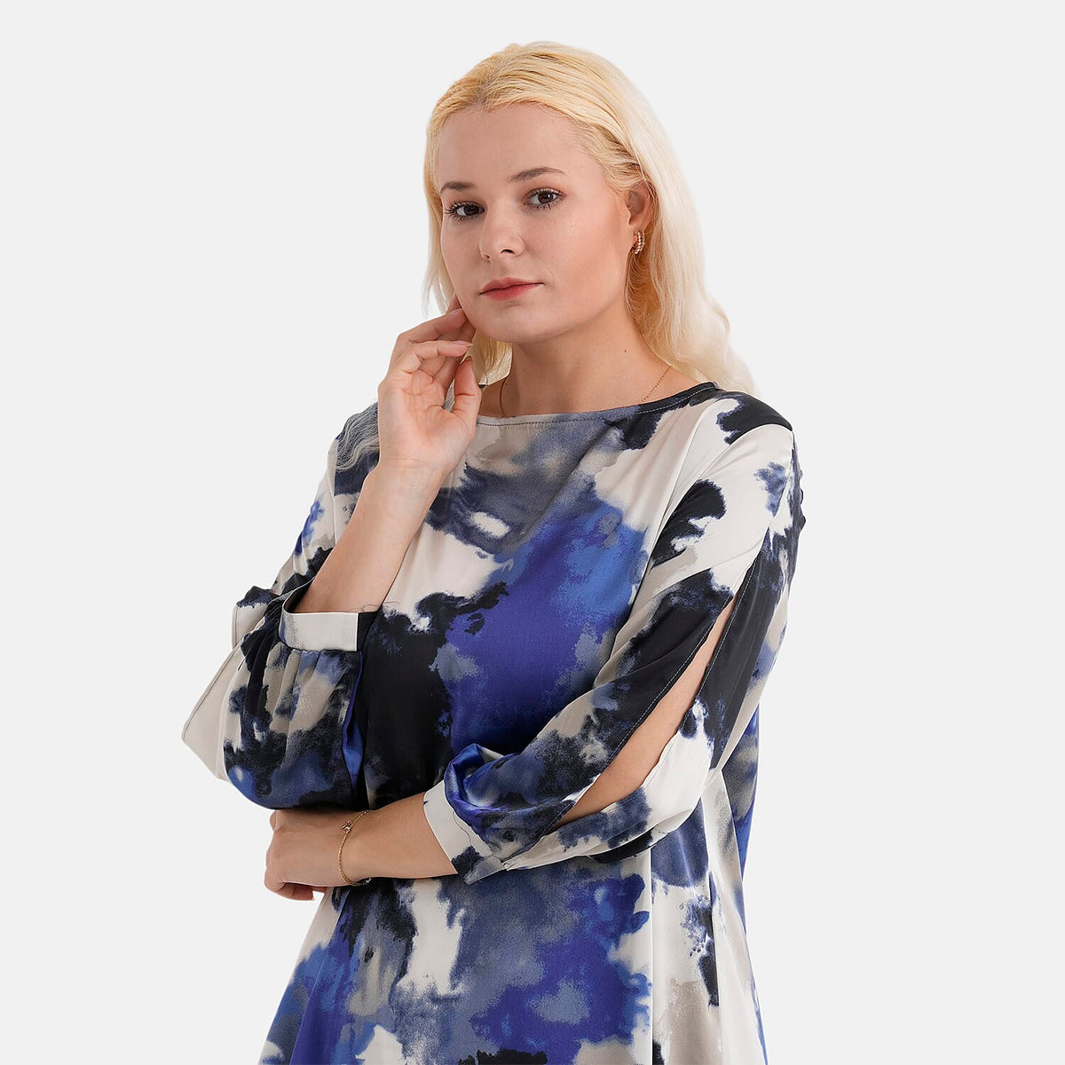 La Marey Silk-Feeling Asymmetrical Hem Printed Top (Size - L/XL, 16 to 22) - Black, Grey &amp; Blue V32565849 6