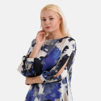 La Marey Silk-Feeling Asymmetrical Hem Printed Top (Size - L-XL, 16 to 22) - Black, Grey & Blue