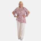 La Marey Silk-Feeling Asymmetrical Hem Printed Top (Size - L-XL, 16 to 22) - Burgundy & Off-White