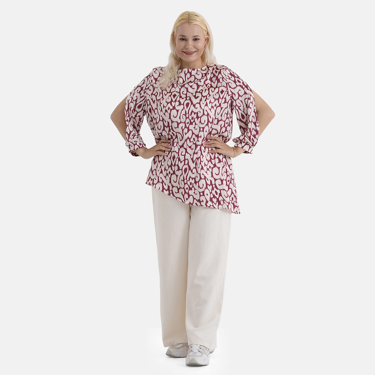 La Marey Silk-Feeling Asymmetrical Hem Printed Top (Size - L-XL, 16 to 22) - Burgundy &amp; Off-White 8414799 0