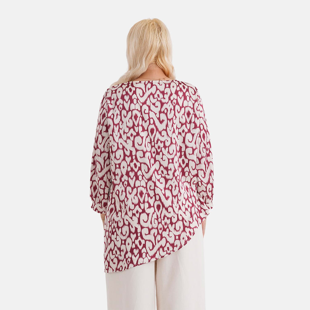 La Marey Silk-Feeling Asymmetrical Hem Printed Top (Size - L-XL, 16 to 22) - Burgundy & Off-White