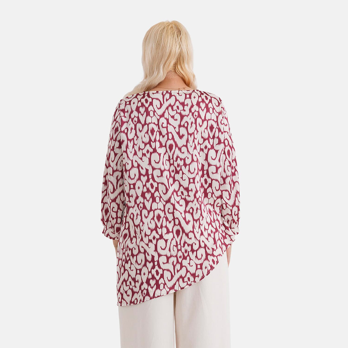 La Marey Silk-Feeling Asymmetrical Hem Printed Top (Size - L-XL, 16 to 22) - Burgundy &amp; Off-White 8414799 3