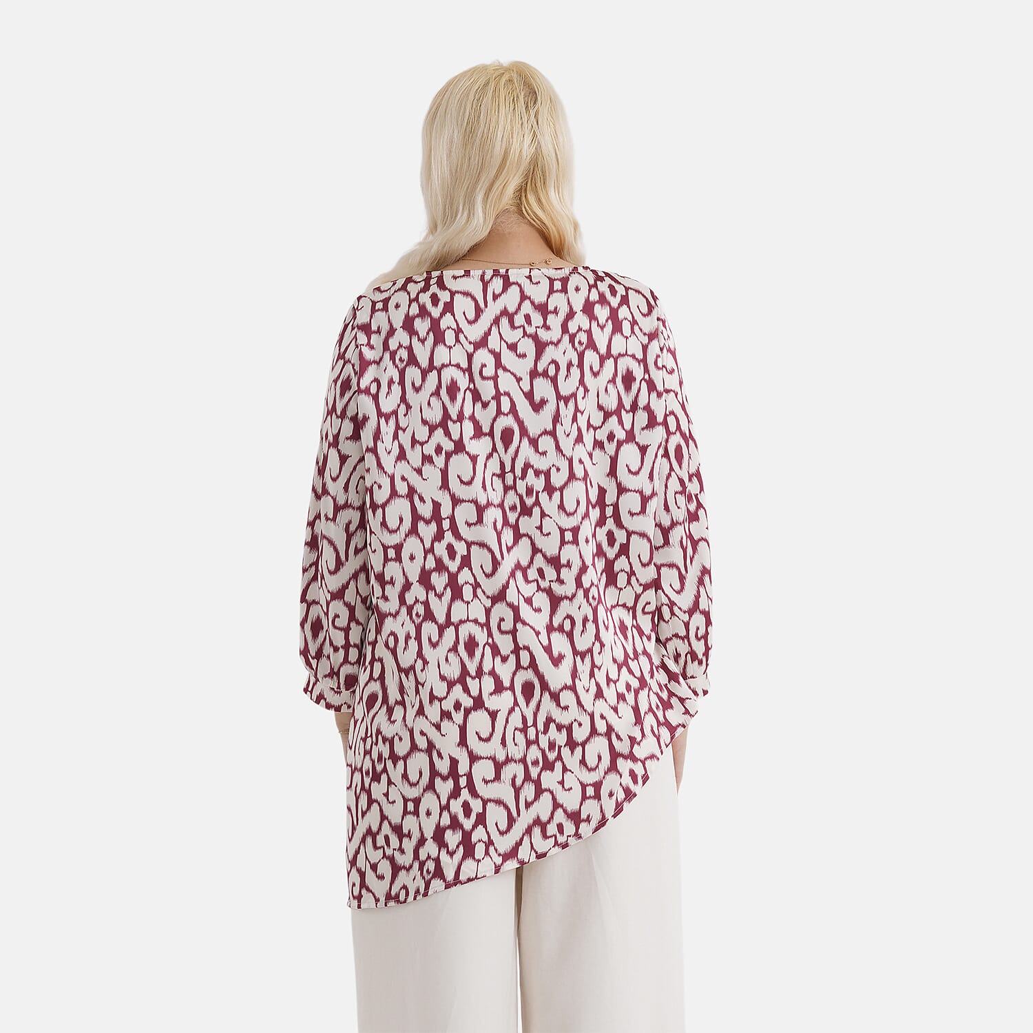 La Marey Silk-Feeling Asymmetrical Hem Printed Top (Size - L-XL, 16 to 22) - Burgundy &amp; Off-White 8414799 3