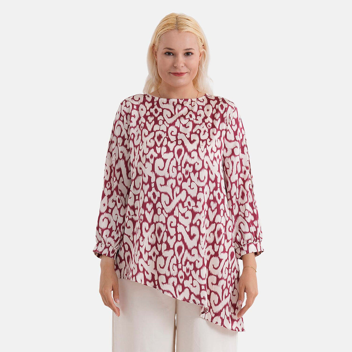 La Marey Silk-Feeling Asymmetrical Hem Printed Top (Size - L-XL, 16 to 22) - Burgundy &amp; Off-White 8414799 4