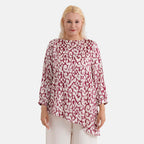 La Marey Silk-Feeling Asymmetrical Hem Printed Top (Size - L-XL, 16 to 22) - Burgundy & Off-White