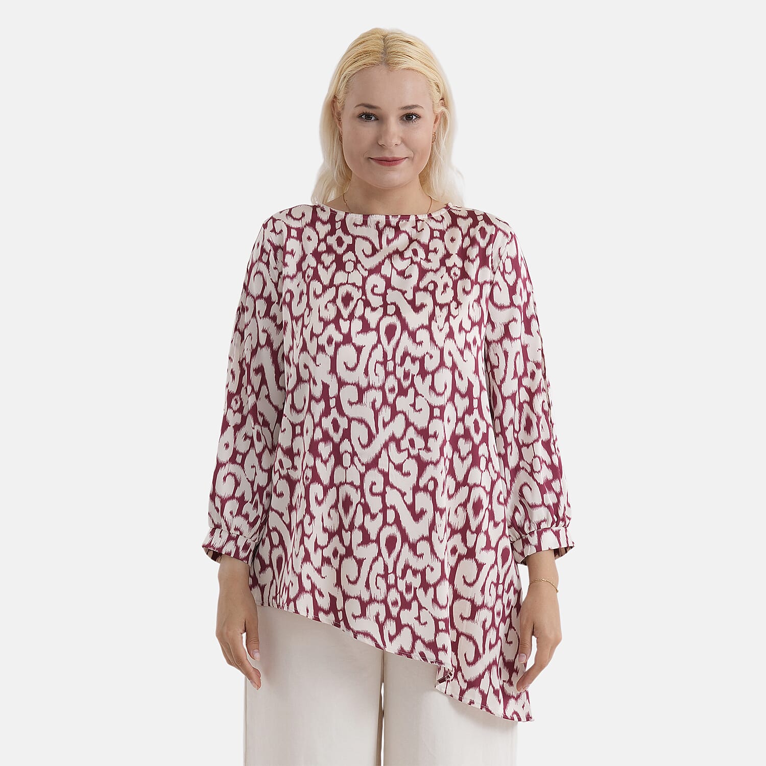 La Marey Silk-Feeling Asymmetrical Hem Printed Top (Size - L-XL, 16 to 22) - Burgundy &amp; Off-White 8414799 4