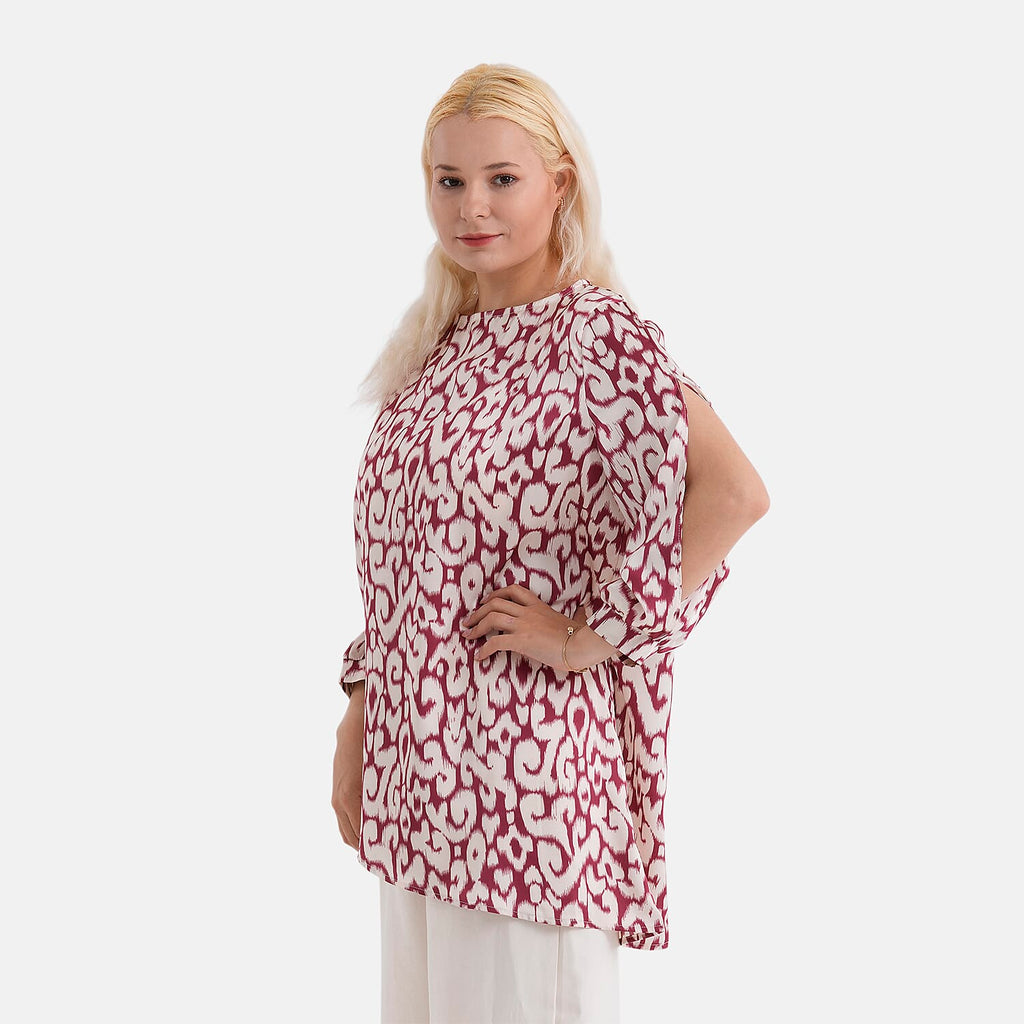 La Marey Silk-Feeling Asymmetrical Hem Printed Top (Size - L-XL, 16 to 22) - Burgundy & Off-White
